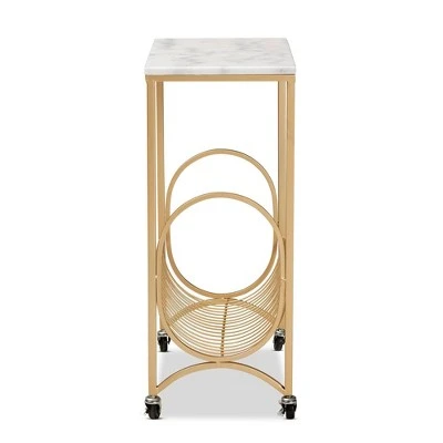 Jacek Metal Wine Cart with Marble Tabletop Gold - Baxton Studio 4 Jacek Metal Wine Cart with Marble Tabletop Gold - Baxton Studio - Image 2