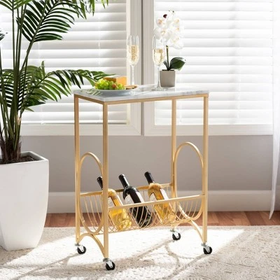 Jacek Metal Wine Cart with Marble Tabletop Gold - Baxton Studio 7 Jacek Metal Wine Cart with Marble Tabletop Gold - Baxton Studio - Image 5