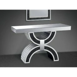 Wood and Mirror Console Table with Geometric Style Base Black/Clear - Benzara -Console Tables Sales unnamed file 4391