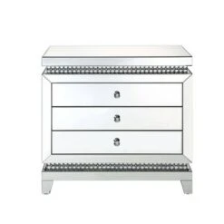 3 Drawer Mirrored Console Table with Faux Crystals Silver - Benzara