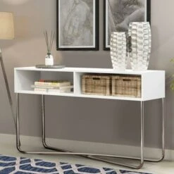 Wooden Console Table with 2 Open Compartments and Metal Frame White/Chrome - The Urban Port -Console Tables Sales unnamed file 4994