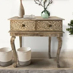 2 Drawer Mango Wood Console Table with Floral Carved Front Brown/White - The Urban Port -Console Tables Sales unnamed file 5488