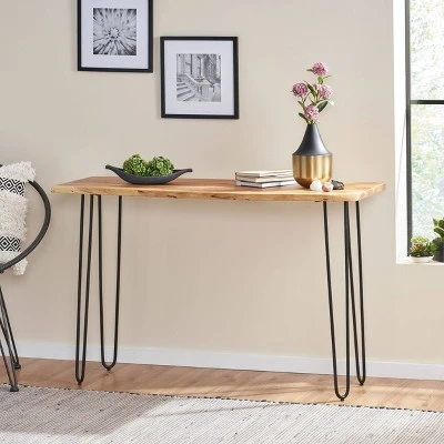 Plumb Handcrafted Modern Industrial Acacia Wood Console Table with Hairpin Legs Natural/Black - Christopher Knight Home 3 Plumb Handcrafted Modern Industrial Acacia Wood Console Table with Hairpin Legs Natural/Black - Christopher Knight Home