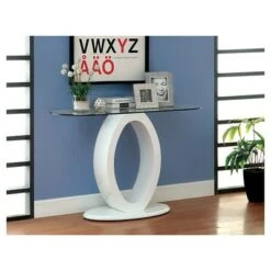 Ozzy High Gloss Oval Glass Top Sofa Table White - miBasics