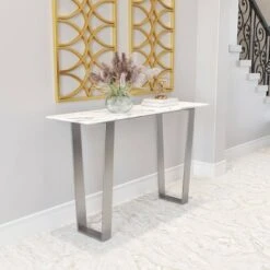Modern Rectangular Faux Marble Console Table - Stone, Brushed Stainless Steel - Zm Home 15 Modern Rectangular Faux Marble Console Table - Stone, Brushed Stainless Steel - Zm Home -Console Tables Sales unnamed file 5707