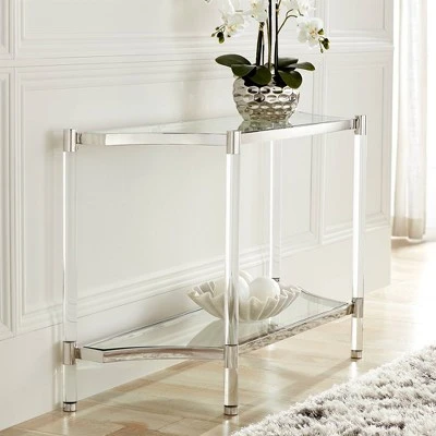 55 Downing Street Modern Acrylic Rectangular Console Table 48" x 16" with Shelf Clear Thin Sleek Legs Living Room Bedroom Bedside 1 55 Downing Street Modern Acrylic Rectangular Console Table 48" x 16" with Shelf Clear Thin Sleek Legs Living Room Bedroom Bedside