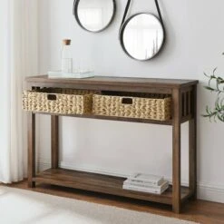 Mission Entry Table with Woven Baskets - Saracina Home Rustic Oak -Console Tables Sales unnamed file 623