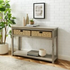 Mission Entry Table with Woven Baskets - Saracina Home Rustic Oak -Console Tables Sales unnamed file 625