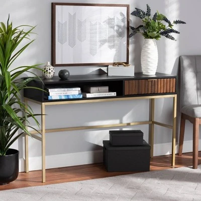 Uriel Two-Tone Wood and Metal 1 Drawer Console Table Natural Brown/Black/Gold - Baxton Studio 9 Uriel Two-Tone Wood and Metal 1 Drawer Console Table Natural Brown/Black/Gold - Baxton Studio - Image 7